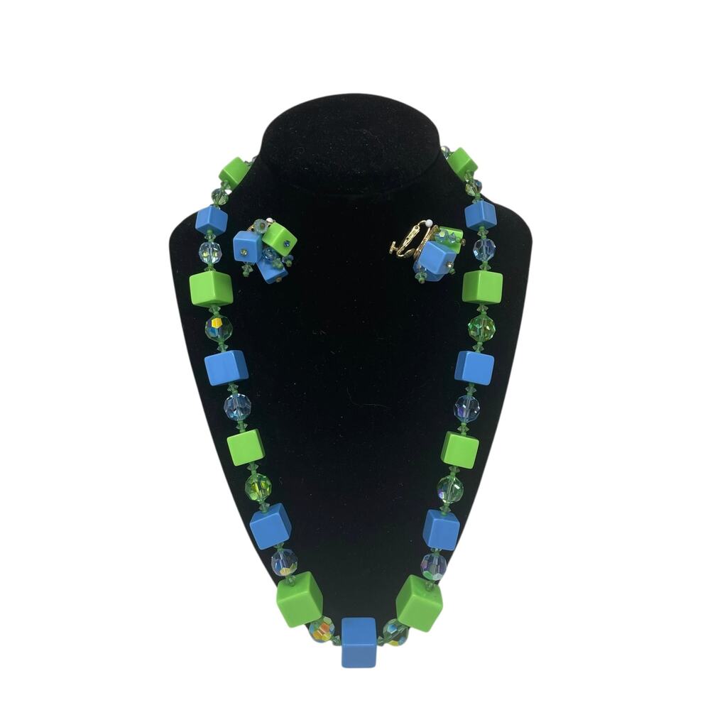 Vendome Vintage Lucite and Crystal Demi-Parure Cubist MCM Signed Green and Blue